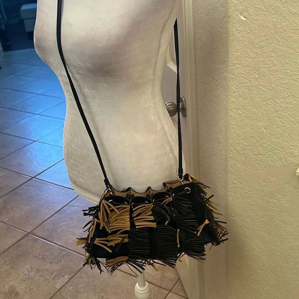 Ulla Johnson Adria Fringe Crossbody Purse Pleated Wave Black Beige Artsy Boho NE - Picture 7 of 13